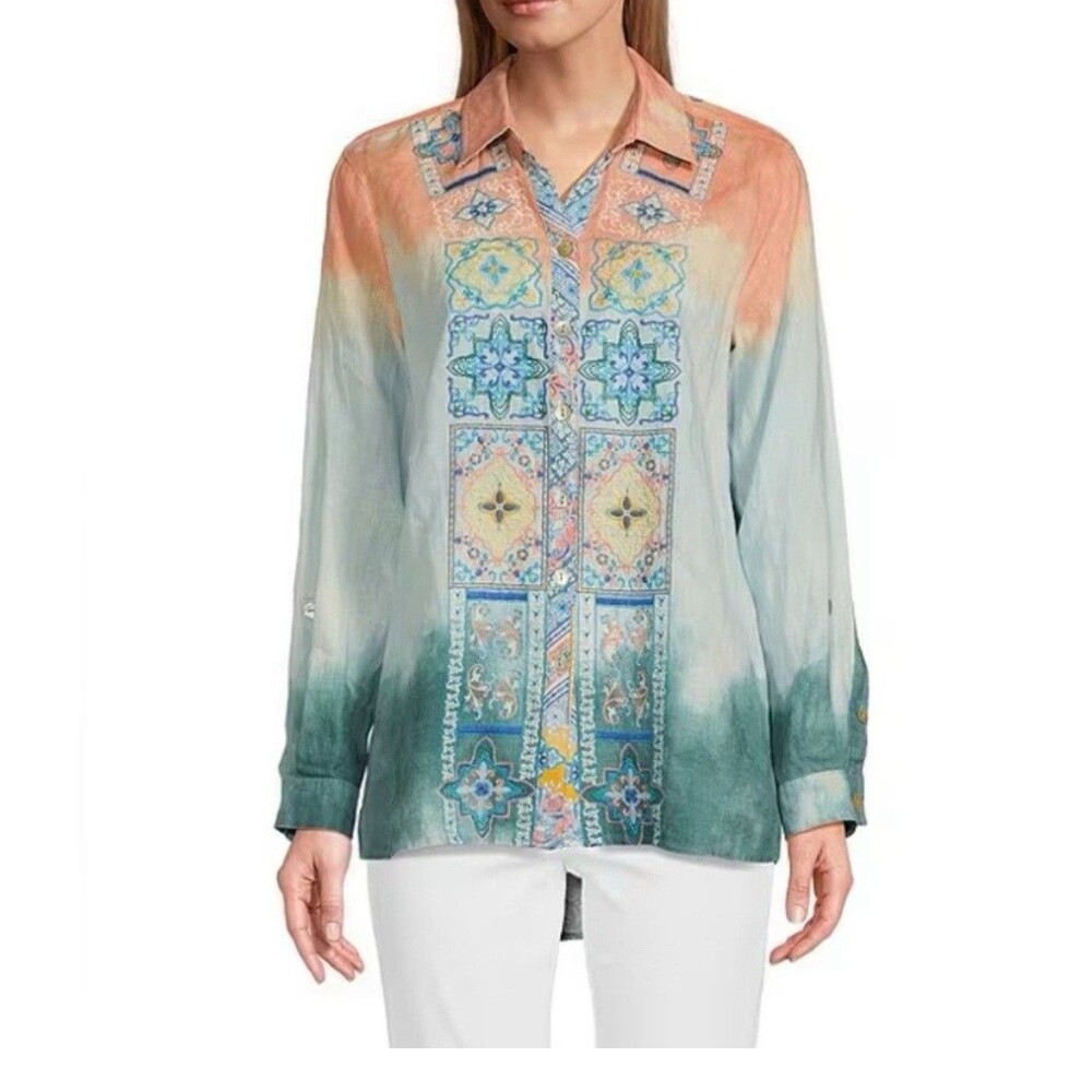 John Mark Tie Dye Embroidered Point Collar 3-4 Roll-tab Sleeve Hi-low Tunic M